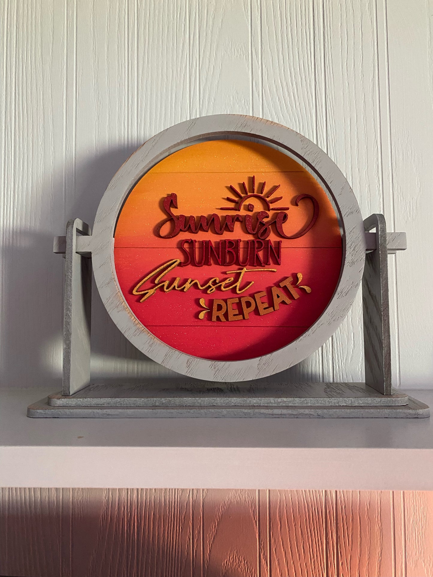 Tabletop sign sitter "Sunrise, sunburn, sunset" interchangeable insert