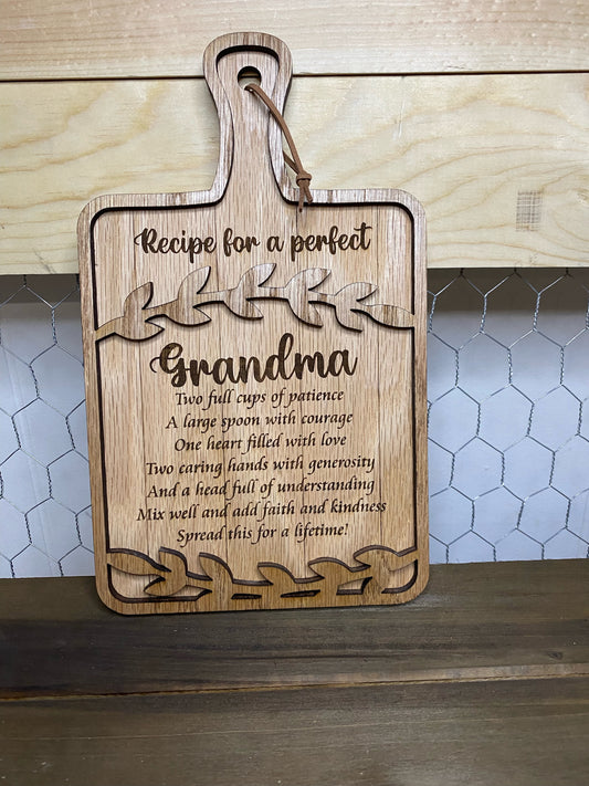 "recipe for perfect Grandma" cutting board wall hanger